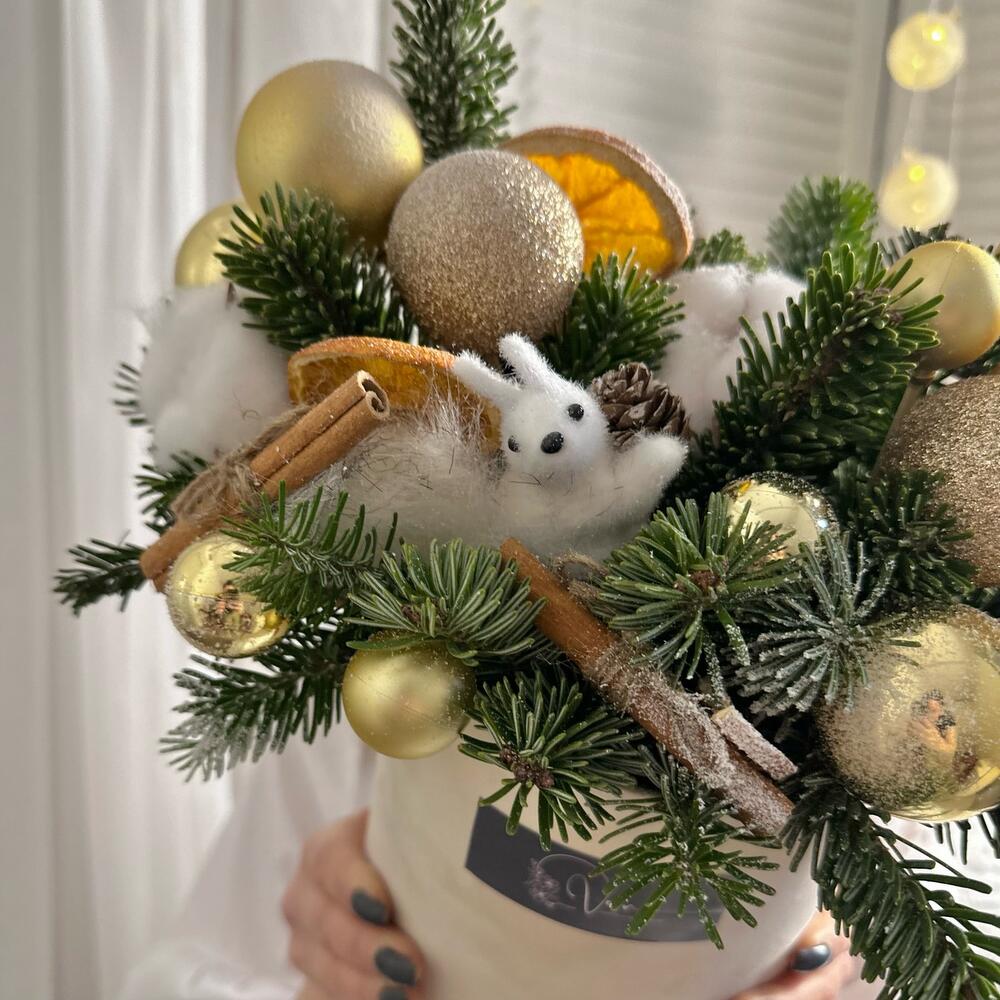 Зимняя композиция с живой елью, новогодним декором в бархатной коробке