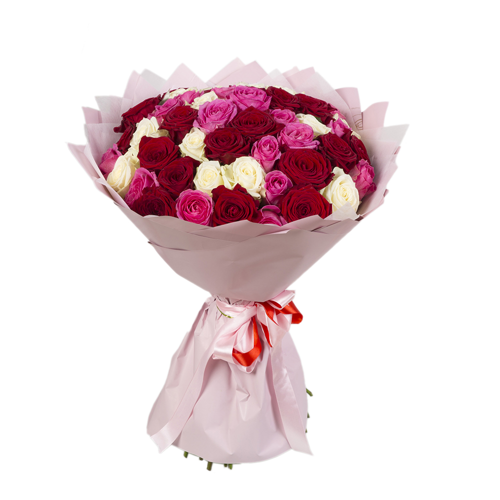 51 разноцветная роза Premium 60 см