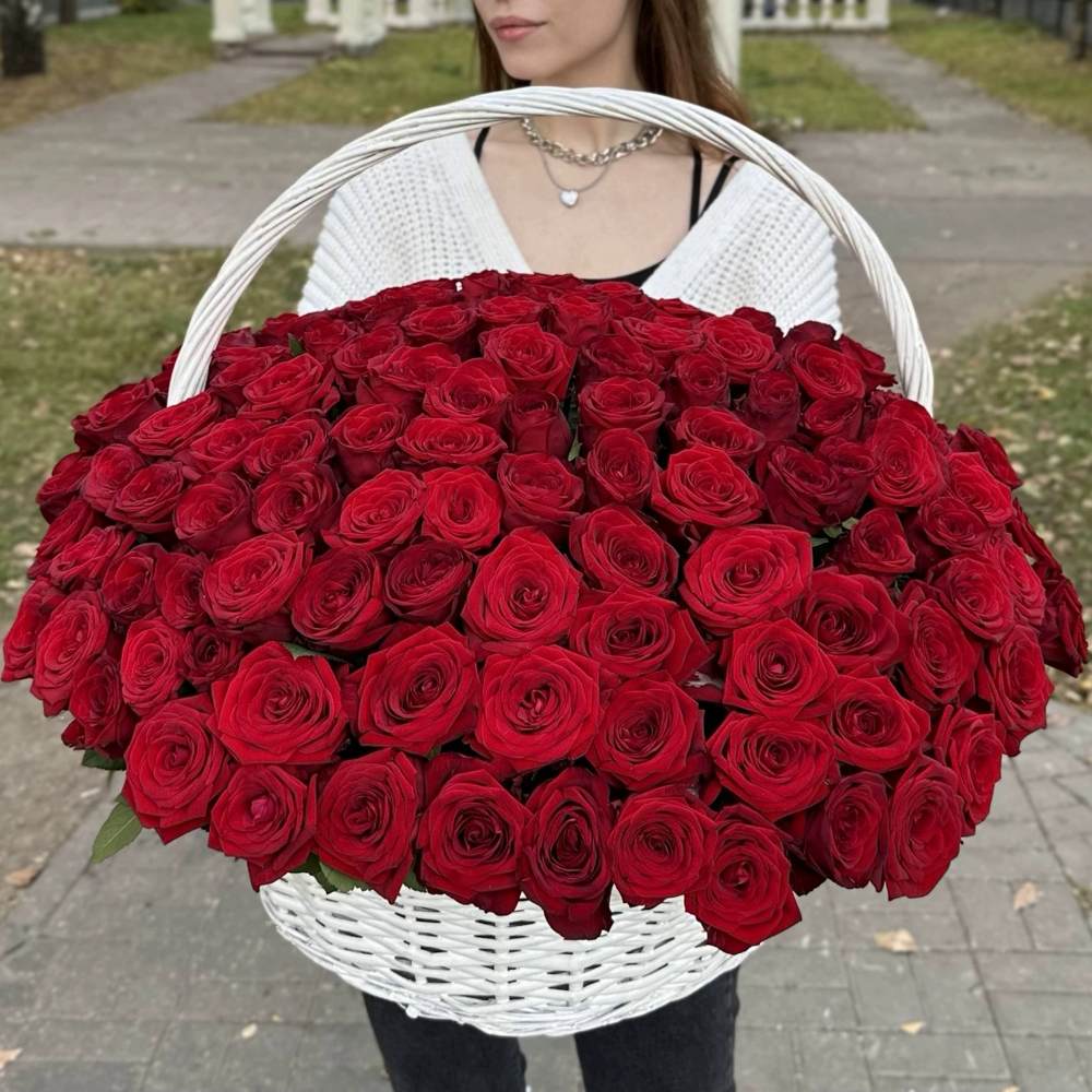 151 красная роза в корзине