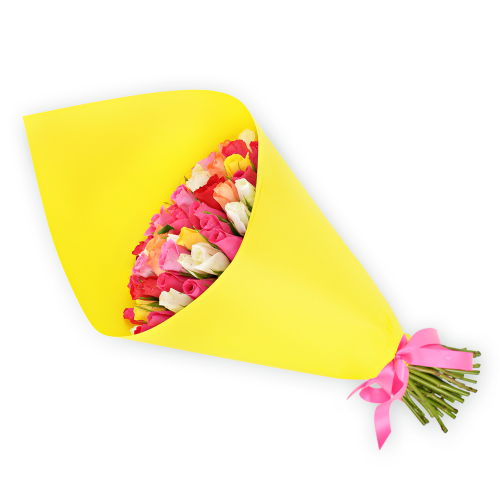 Букет из 51 разноцветной розы в крафте