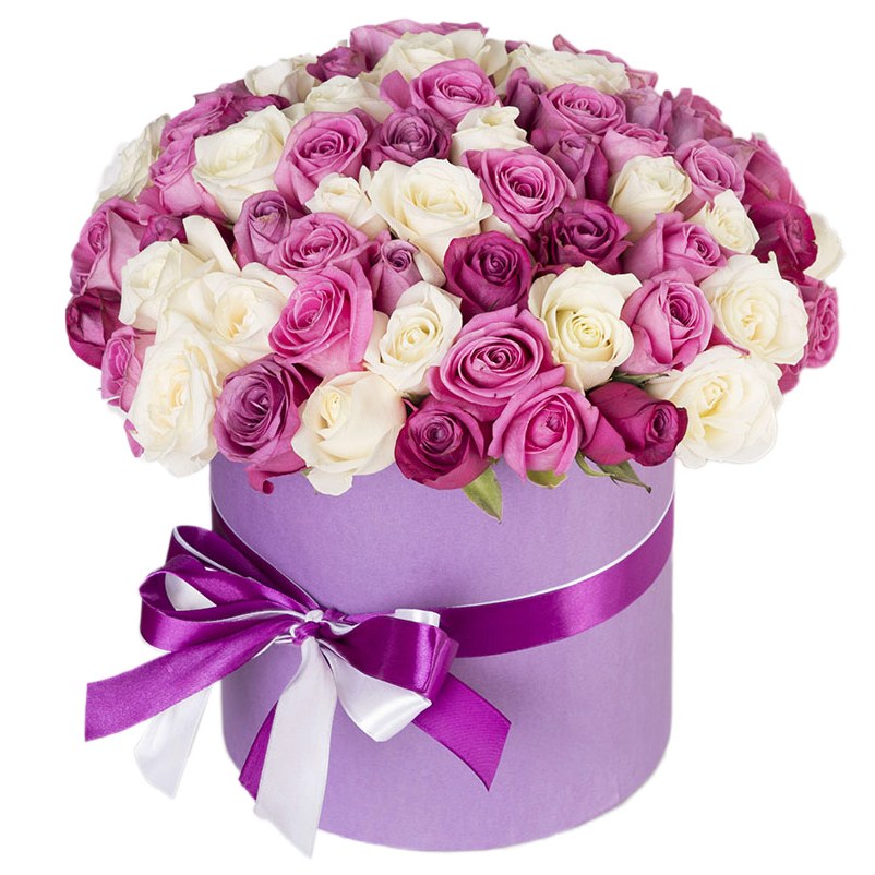 101 разноцветная роза в шляпной коробке