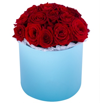 Букет из 19 красных роз premium в голубой шляпной коробке