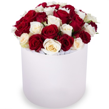 35 разноцветных роз в кремовой шляпной коробке