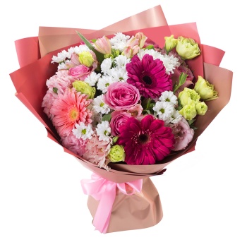 Букет из гербер, роз альстромерий и хризантем