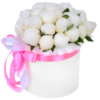 Букет из 25 белых пионов в белой шляпной коробке