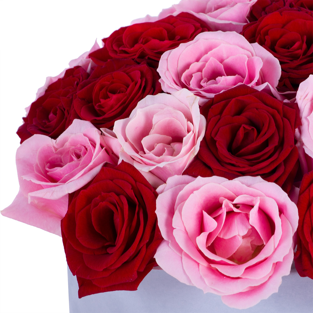 Букет из 35 разноцветных роз premium в серой бархатной шляпной коробке