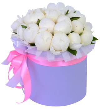 Букет из 21 белого пиона в фиолетовой шляпной коробке
