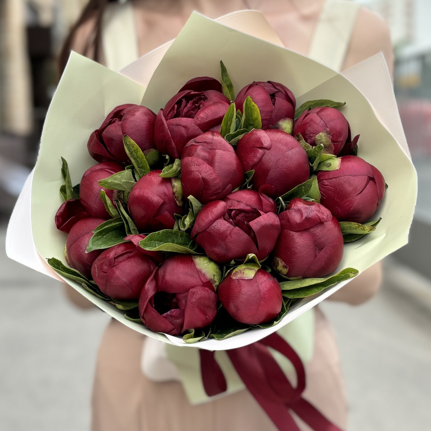 Букет из 15 бордовых пионов