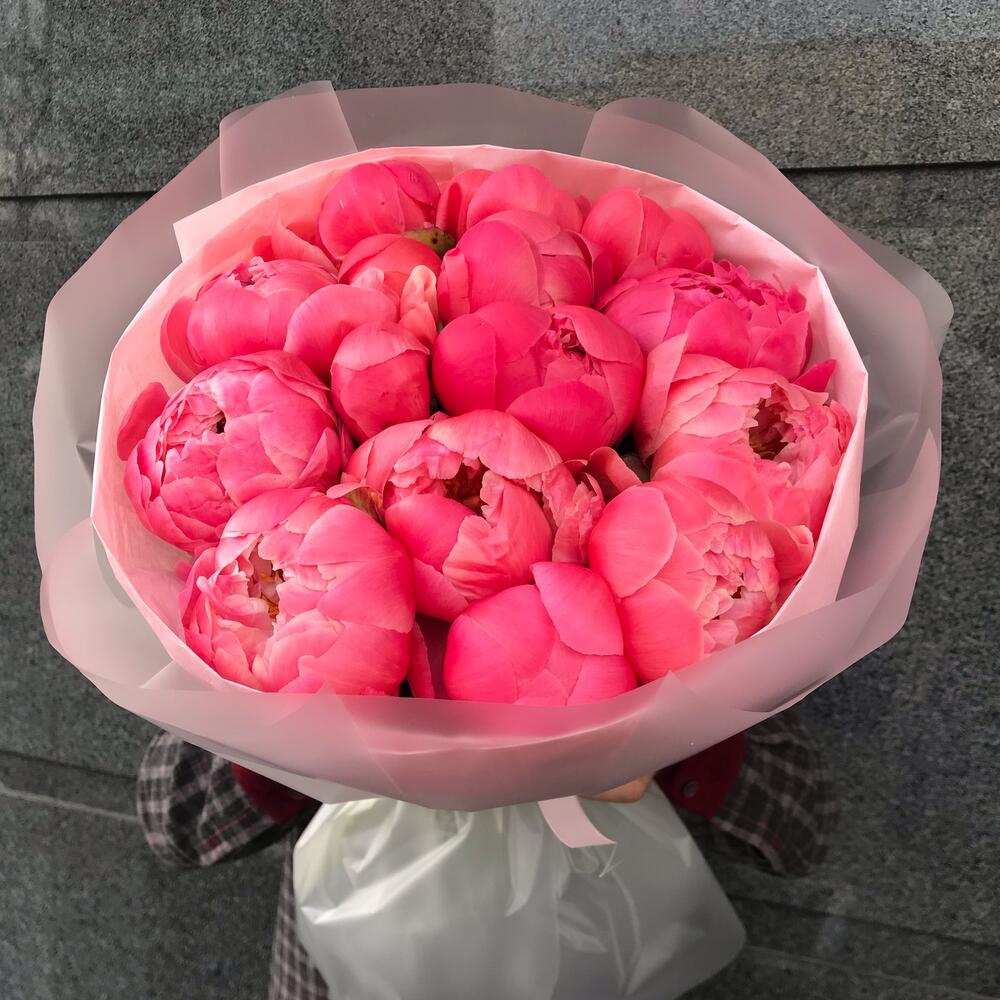 Букет из 15 коралловых пионов