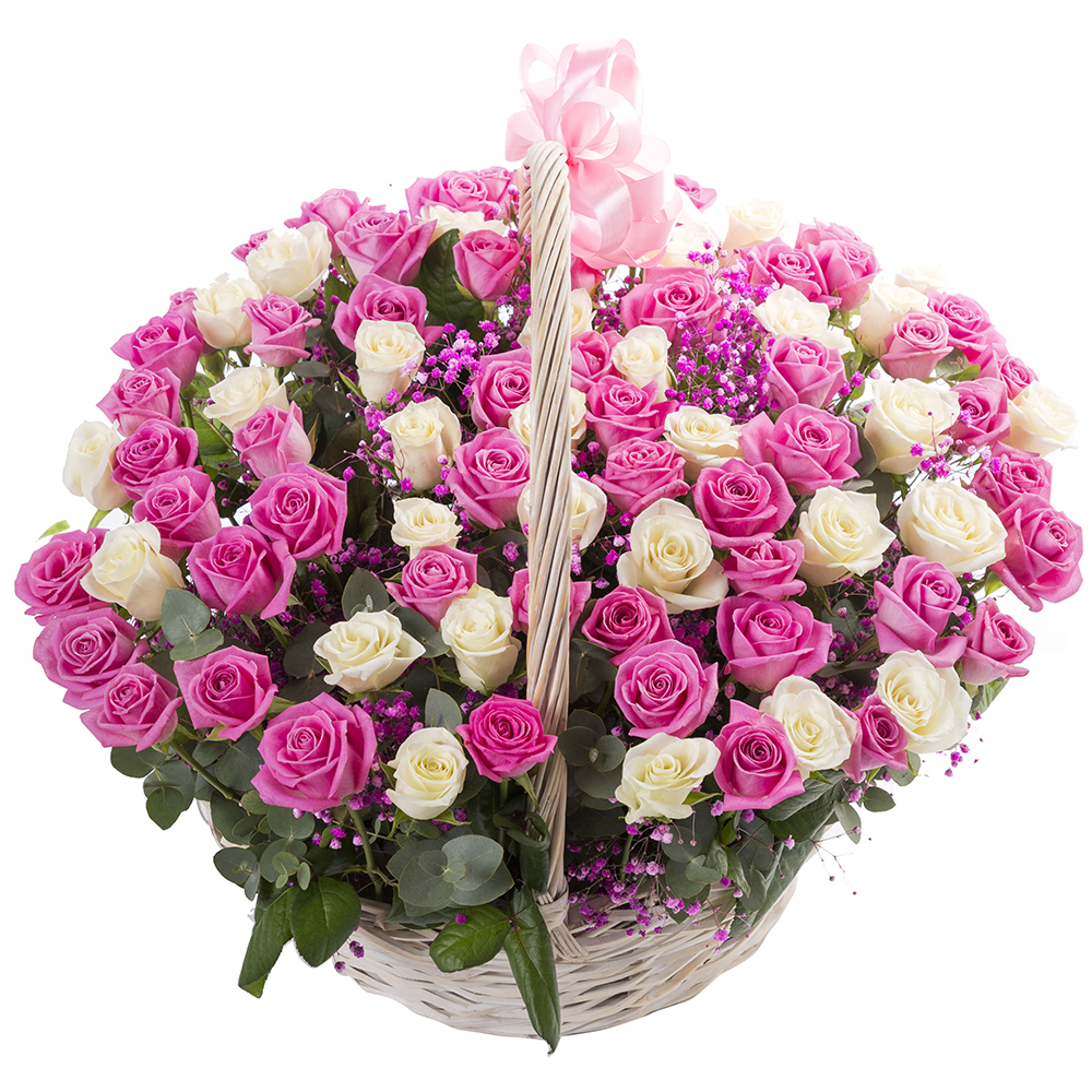 101 разноцветная роза в корзине с гипсофилой