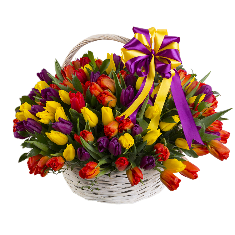 101 разноцветный тюльпан в корзине